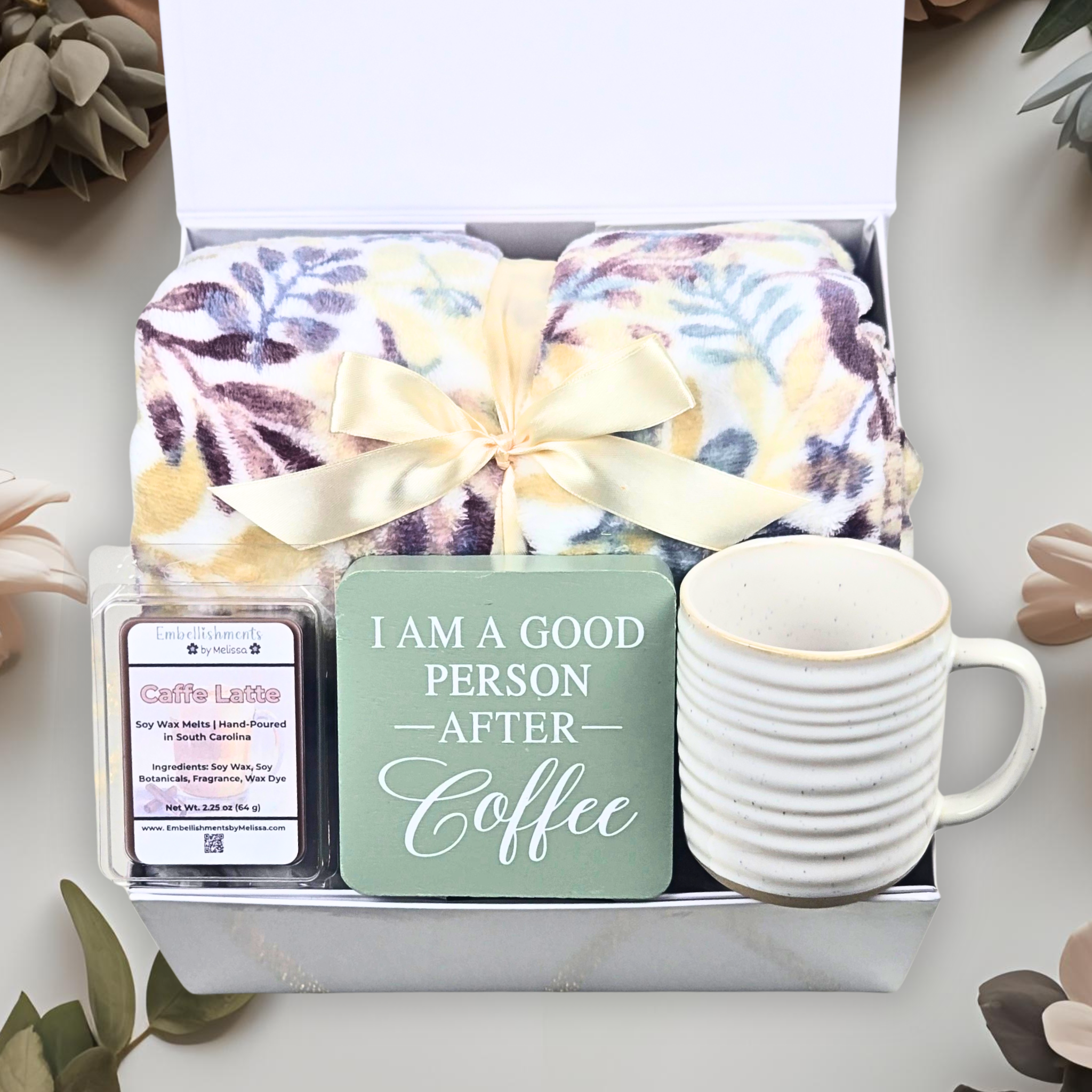 Coffee Lover’s Gift Set – Blanket, Mug, Latte Wax Melts & Cozy Coffee Decor