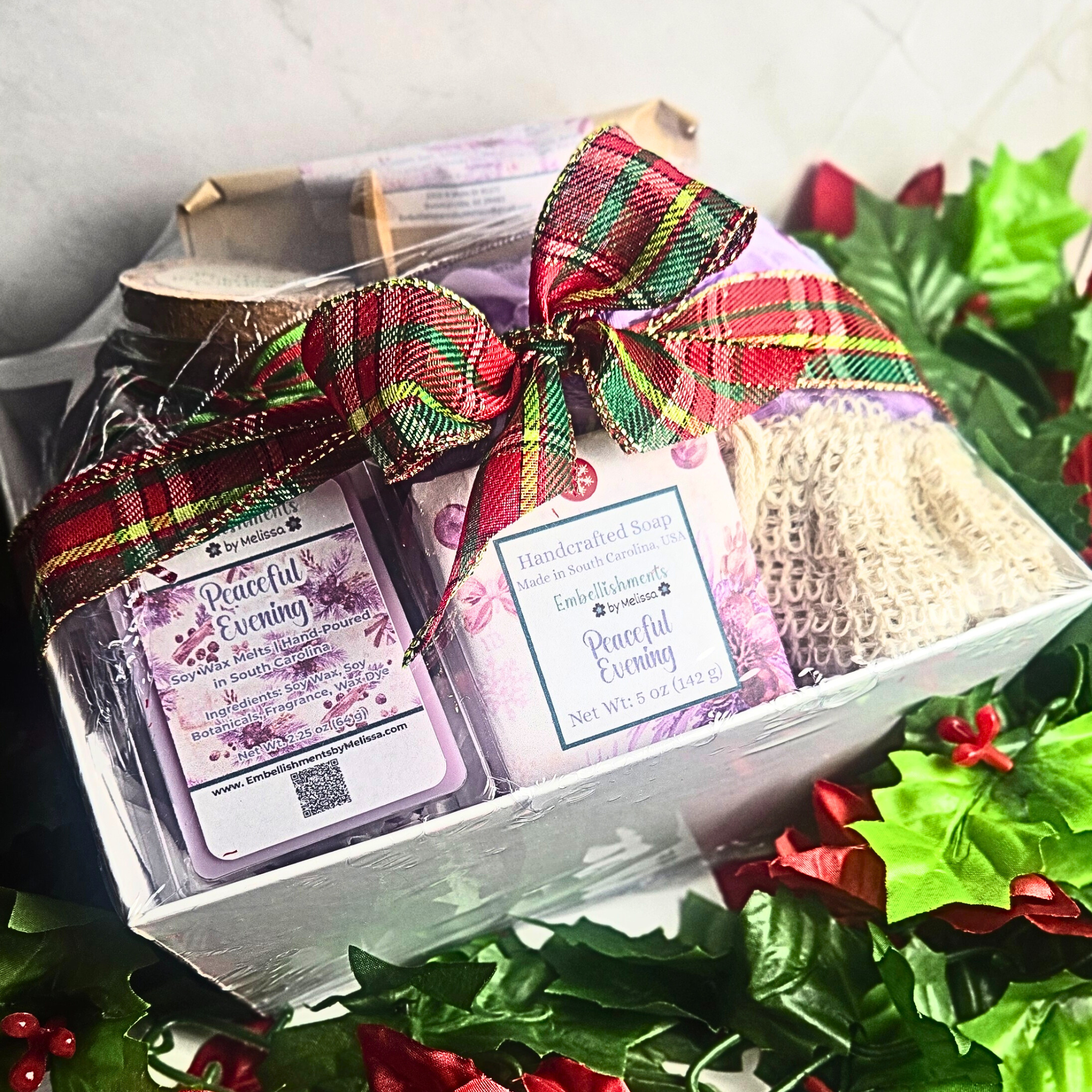 Peaceful Evening Gift Basket – Handcrafted Soap, Bath Salts, Sugar Scrub & Wax Melts Set