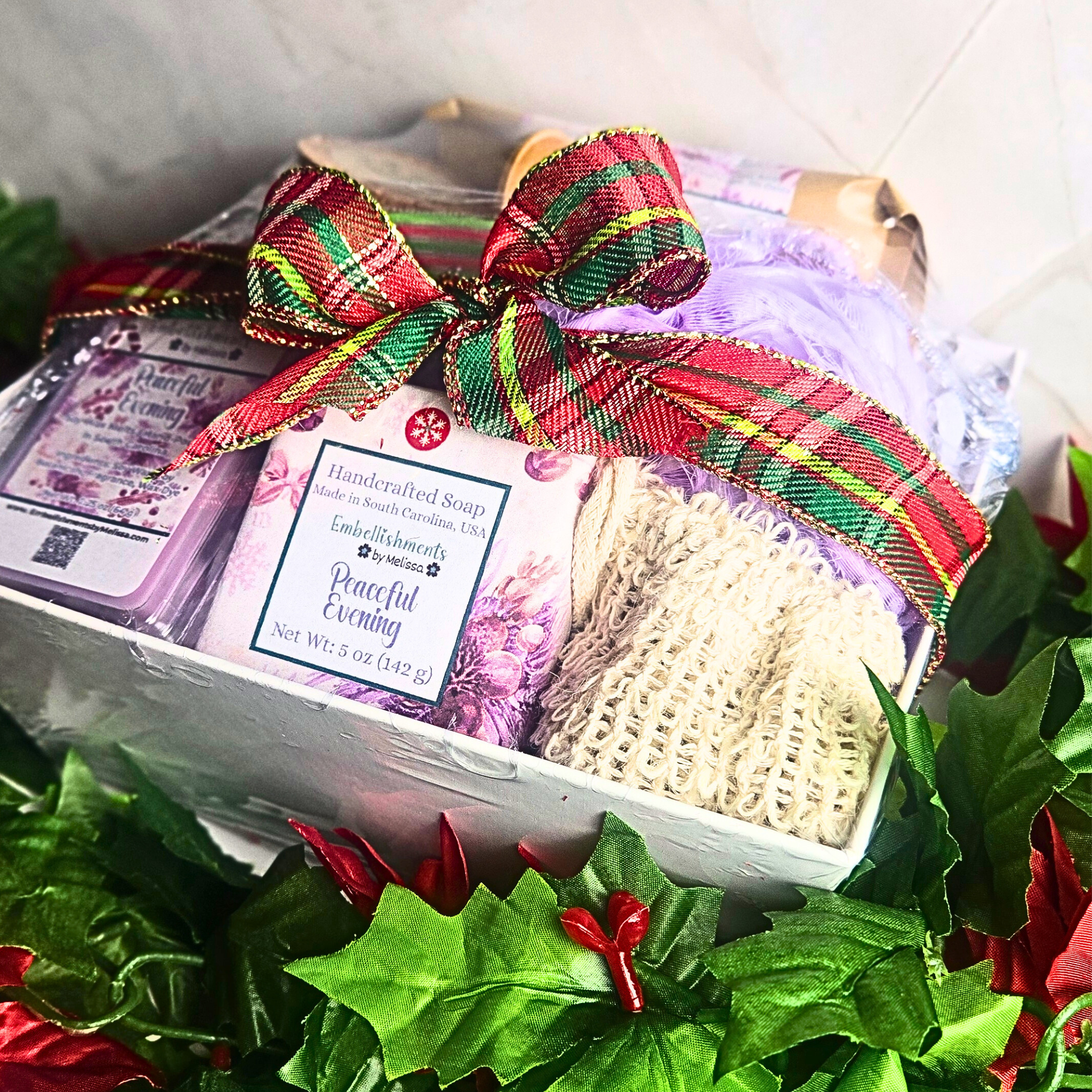 Peaceful Evening Gift Basket – Handcrafted Soap, Bath Salts, Sugar Scrub & Wax Melts Set