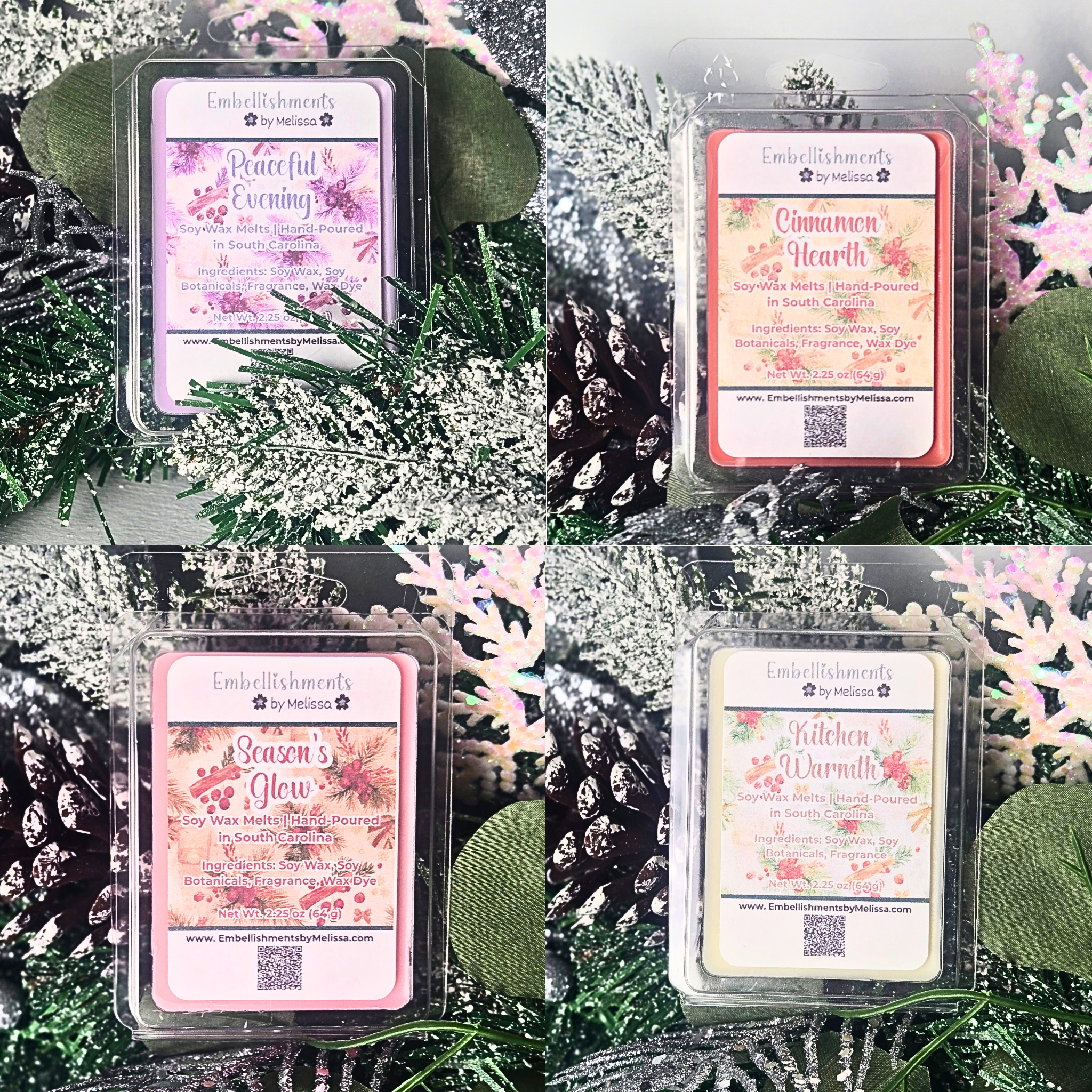 Soy Botanical Blend Wax Melts | Home for Christmas Collection – Cozy Scents of Peaceful Evening, Cinnamon Hearth, Season’s Glow & Kitchen Warmth 2.25 oz (64 g)