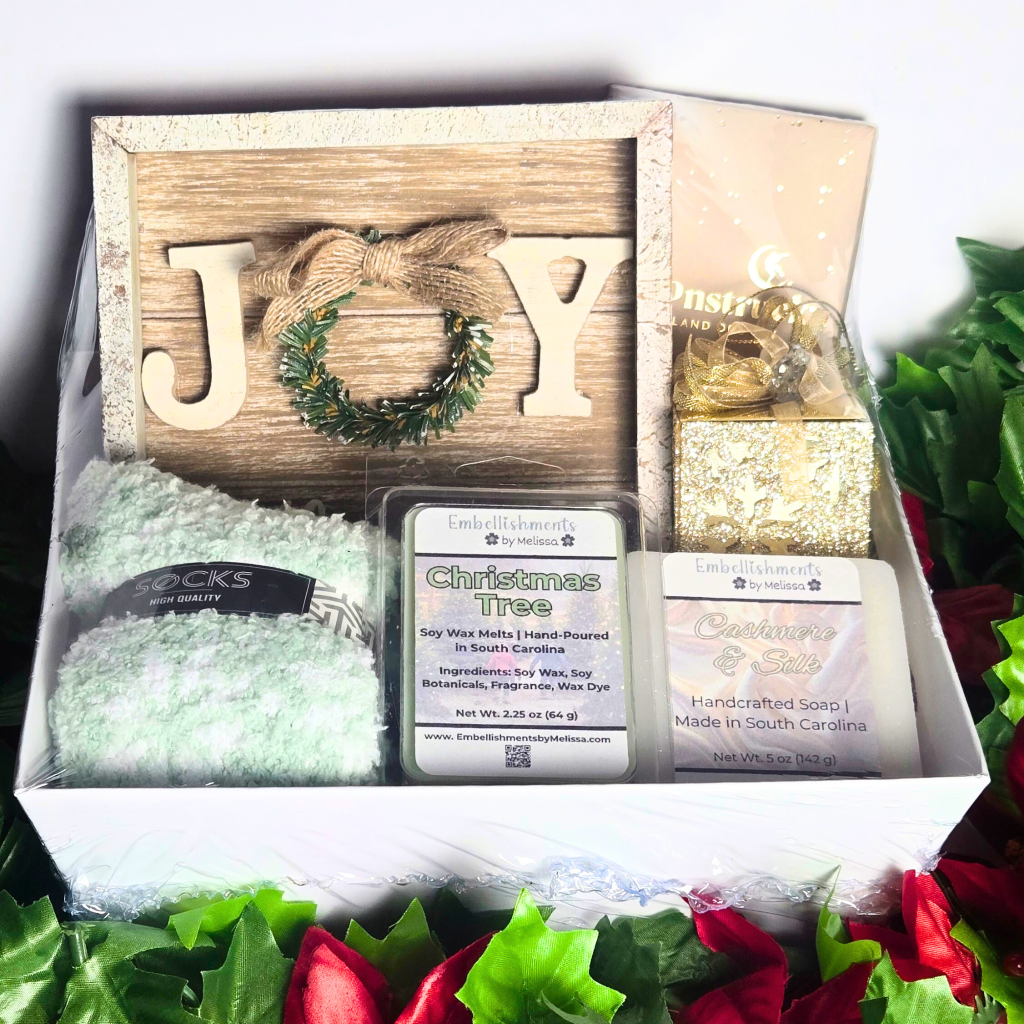 Christmas Self-Care Gift Basket with Wooden Joy Sign, Cozy Socks, Wax Melts & Chocolate
