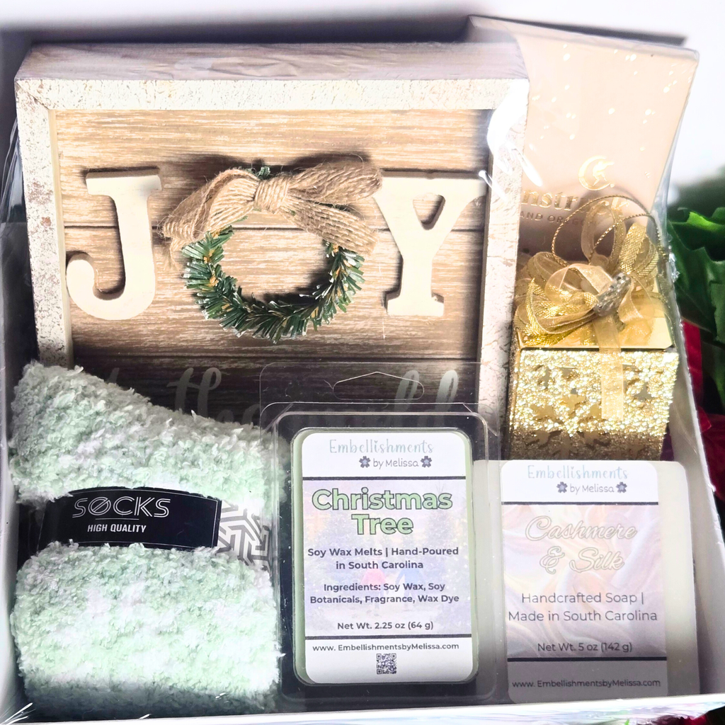 Christmas Self-Care Gift Basket with Wooden Joy Sign, Cozy Socks, Wax Melts & Chocolate