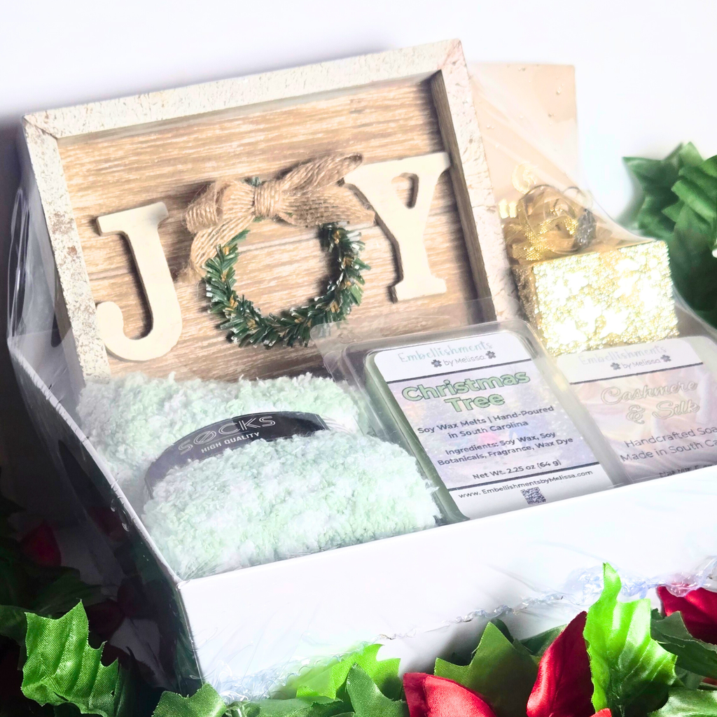 Christmas Self-Care Gift Basket with Wooden Joy Sign, Cozy Socks, Wax Melts & Chocolate