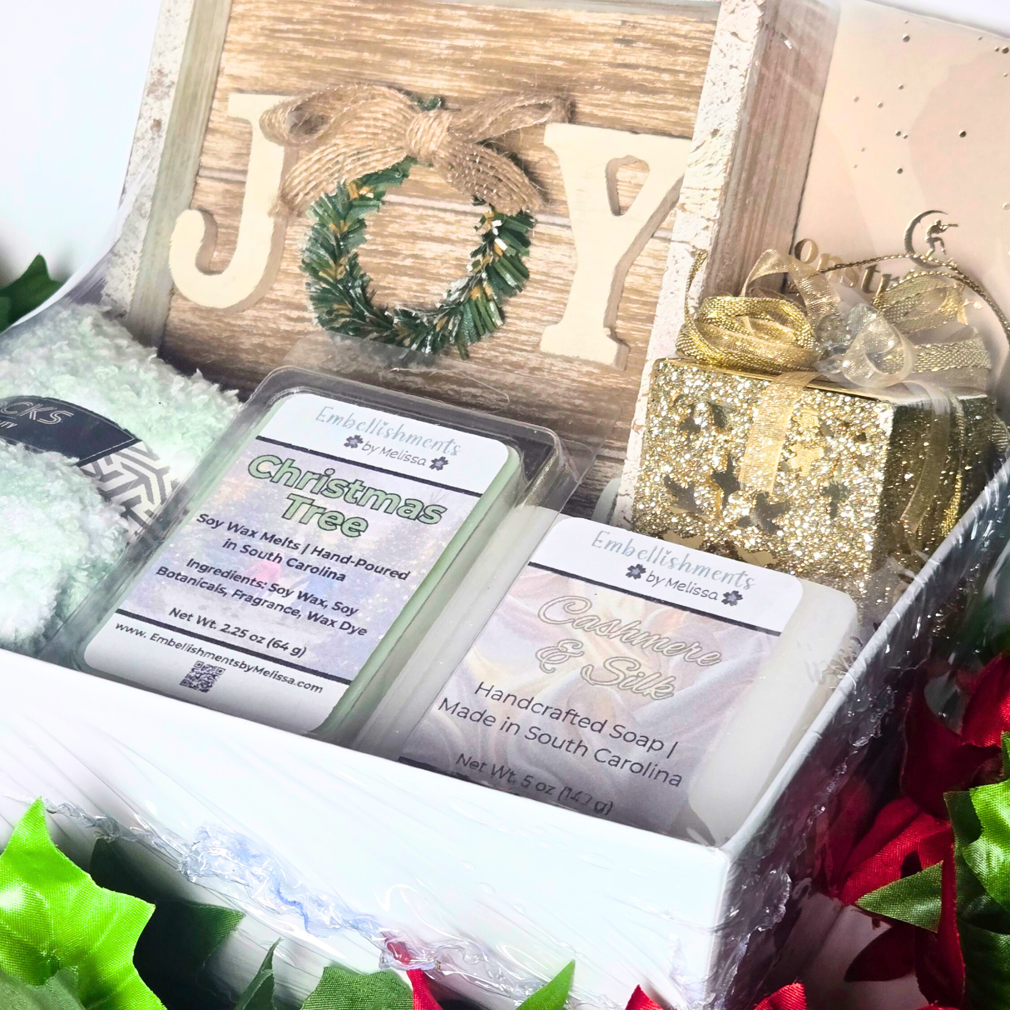 Christmas Self-Care Gift Basket with Wooden Joy Sign, Cozy Socks, Wax Melts & Chocolate