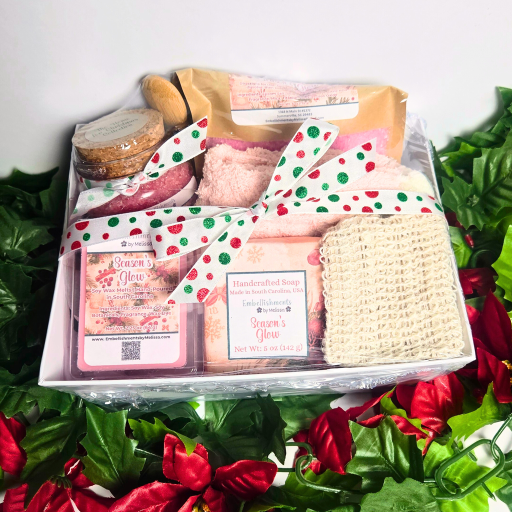 Season's Glow Gift Basket – Handcrafted Soap, Bath Salts, Sugar Scrub & Wax Melts Set