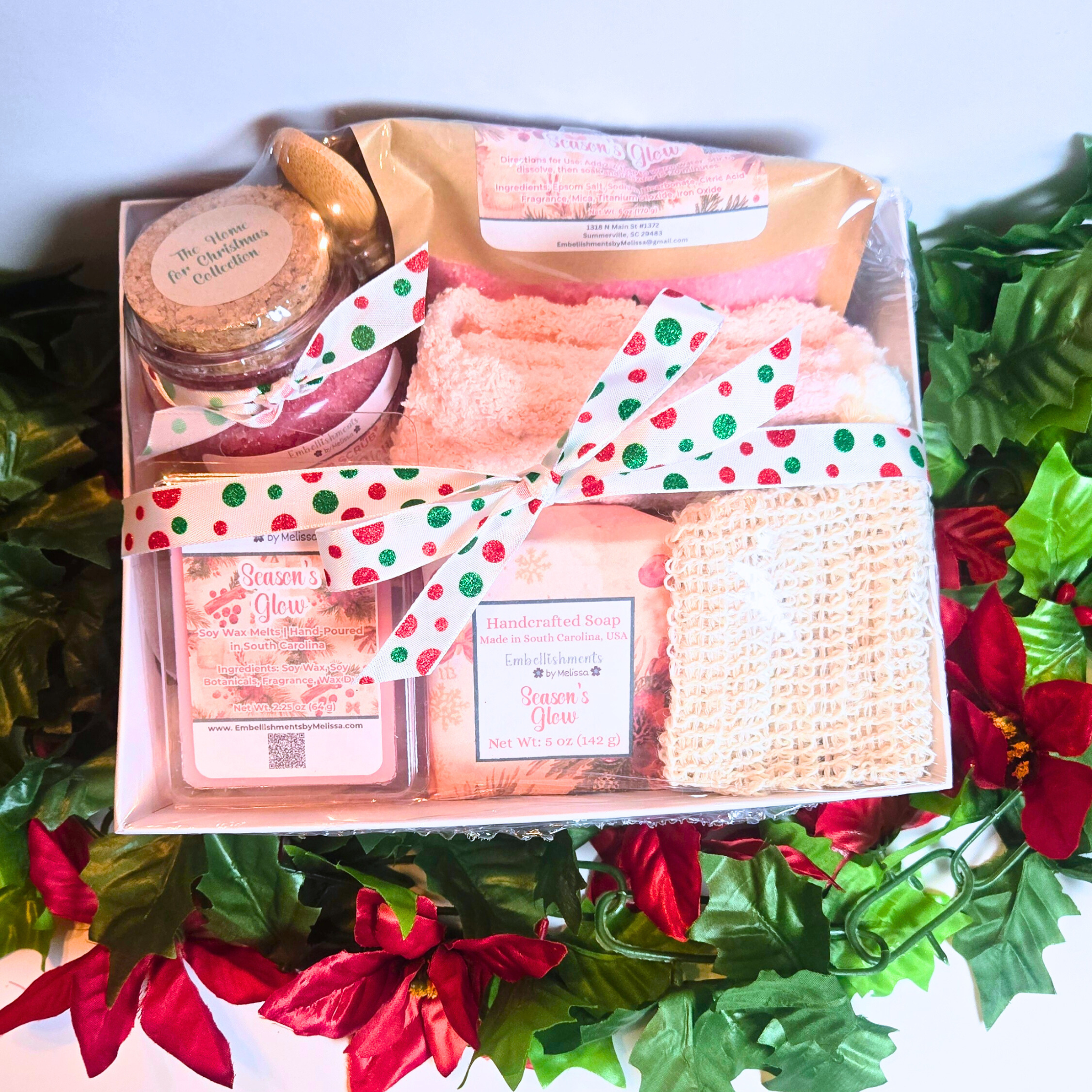 Season's Glow Gift Basket – Handcrafted Soap, Bath Salts, Sugar Scrub & Wax Melts Set