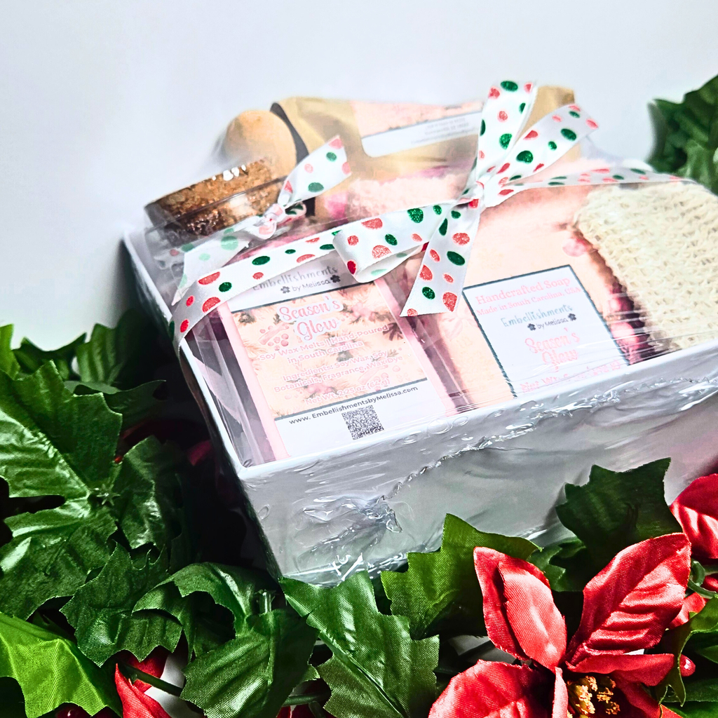 Season's Glow Gift Basket – Handcrafted Soap, Bath Salts, Sugar Scrub & Wax Melts Set
