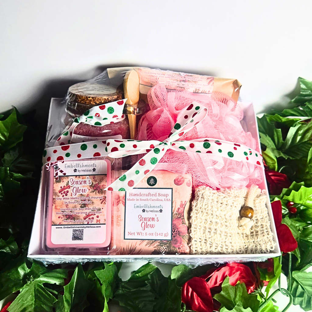 Season's Glow Gift Basket – Handcrafted Soap, Bath Salts, Sugar Scrub & Wax Melts Set