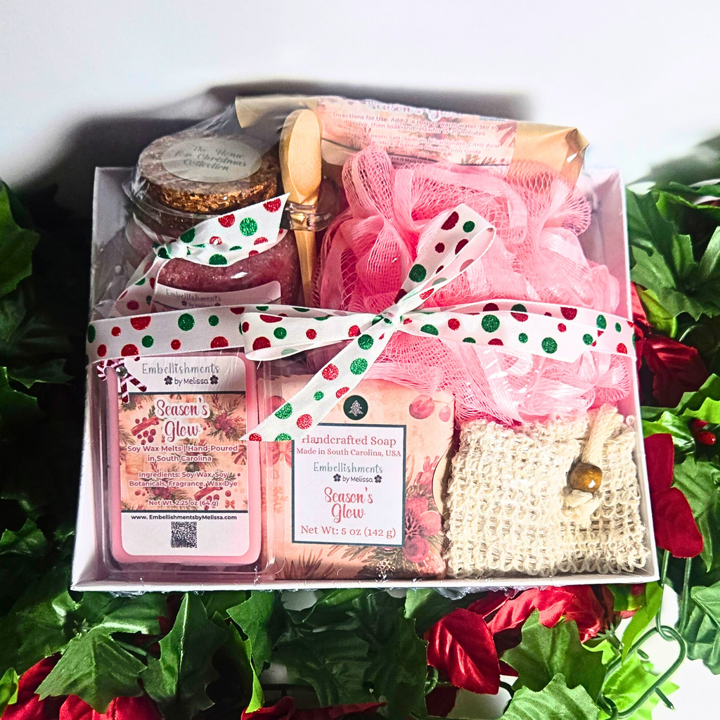 Season's Glow Gift Basket – Handcrafted Soap, Bath Salts, Sugar Scrub & Wax Melts Set