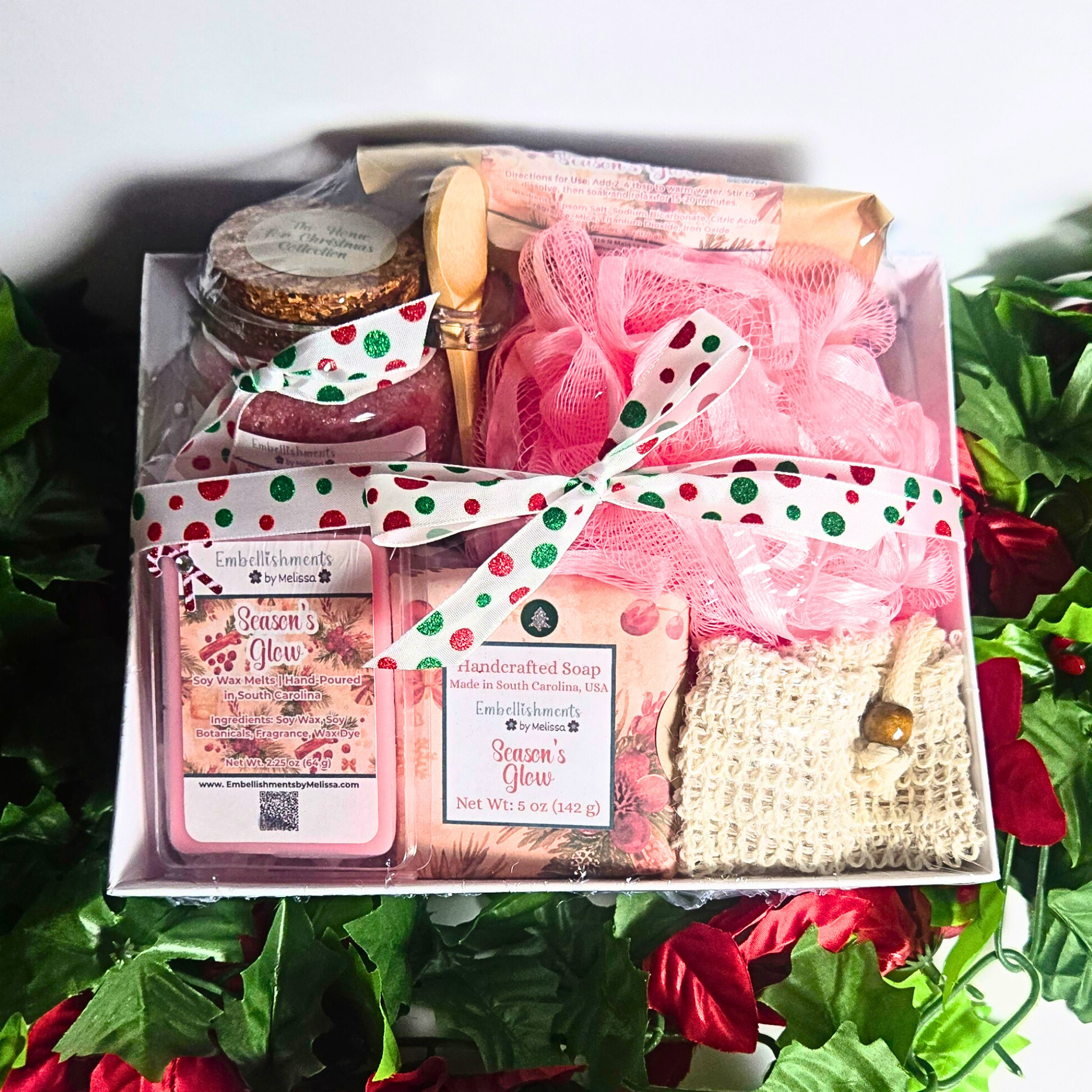 Season's Glow Gift Basket – Handcrafted Soap, Bath Salts, Sugar Scrub & Wax Melts Set