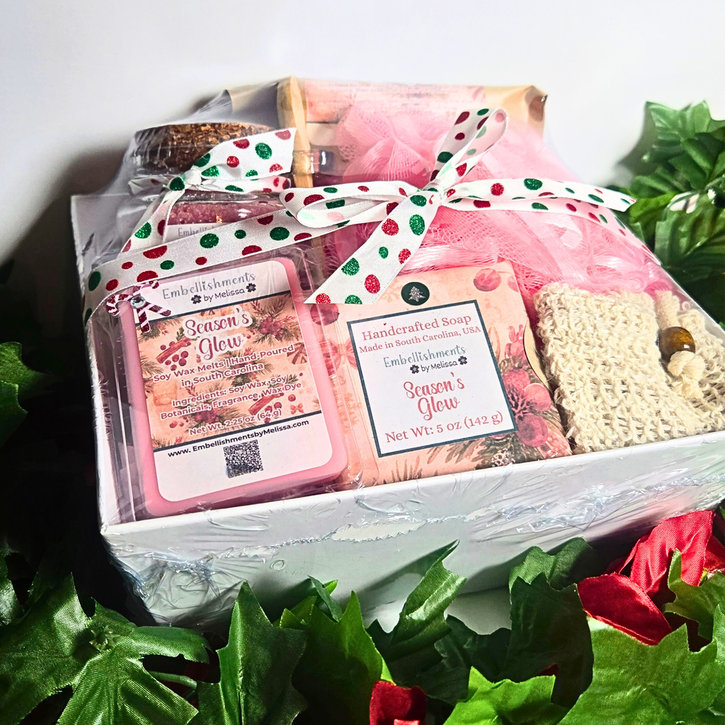 Season's Glow Gift Basket – Handcrafted Soap, Bath Salts, Sugar Scrub & Wax Melts Set