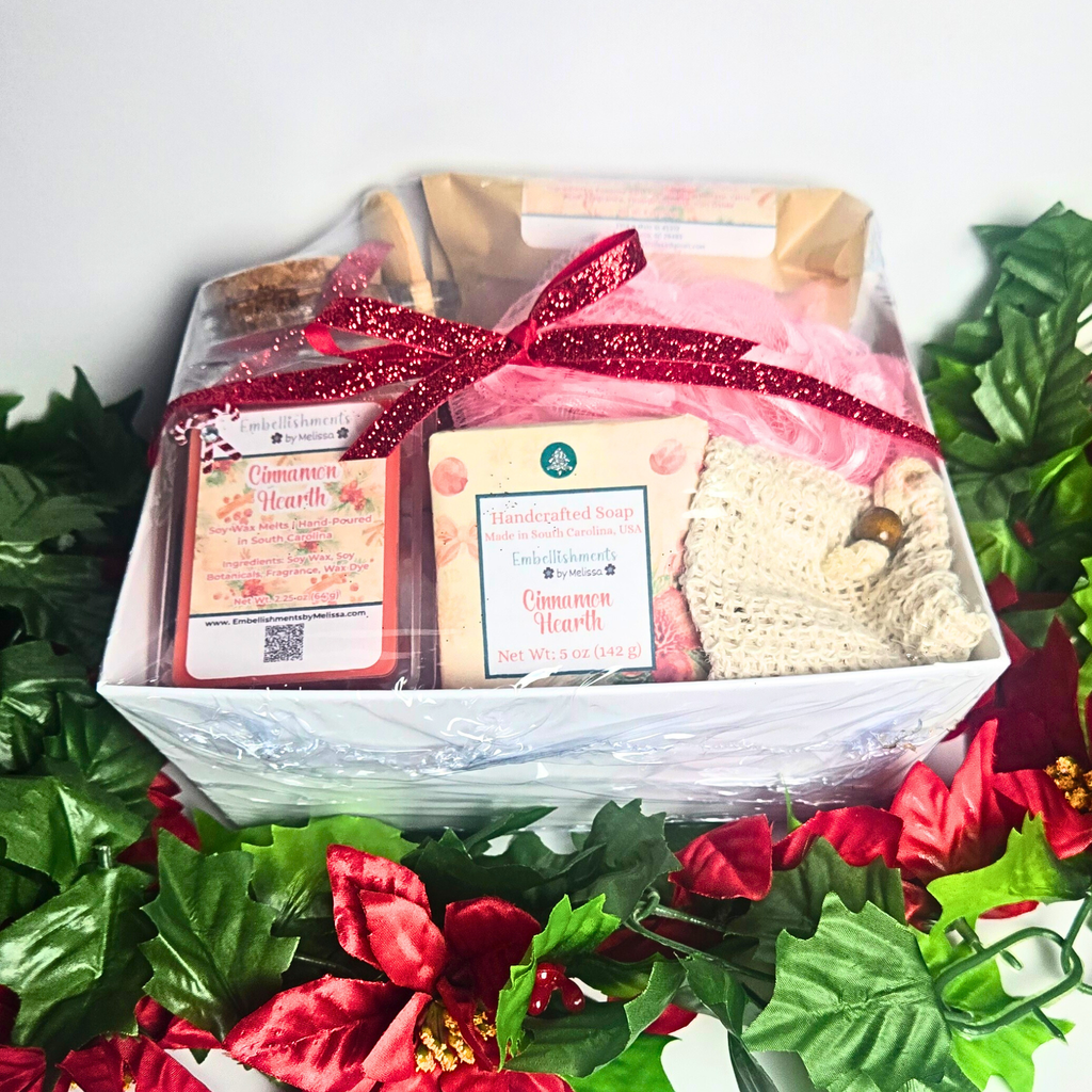 Cinnamon Hearth Gift Basket – Handcrafted Soap, Bath Salts, Sugar Scrub & Wax Melts Set