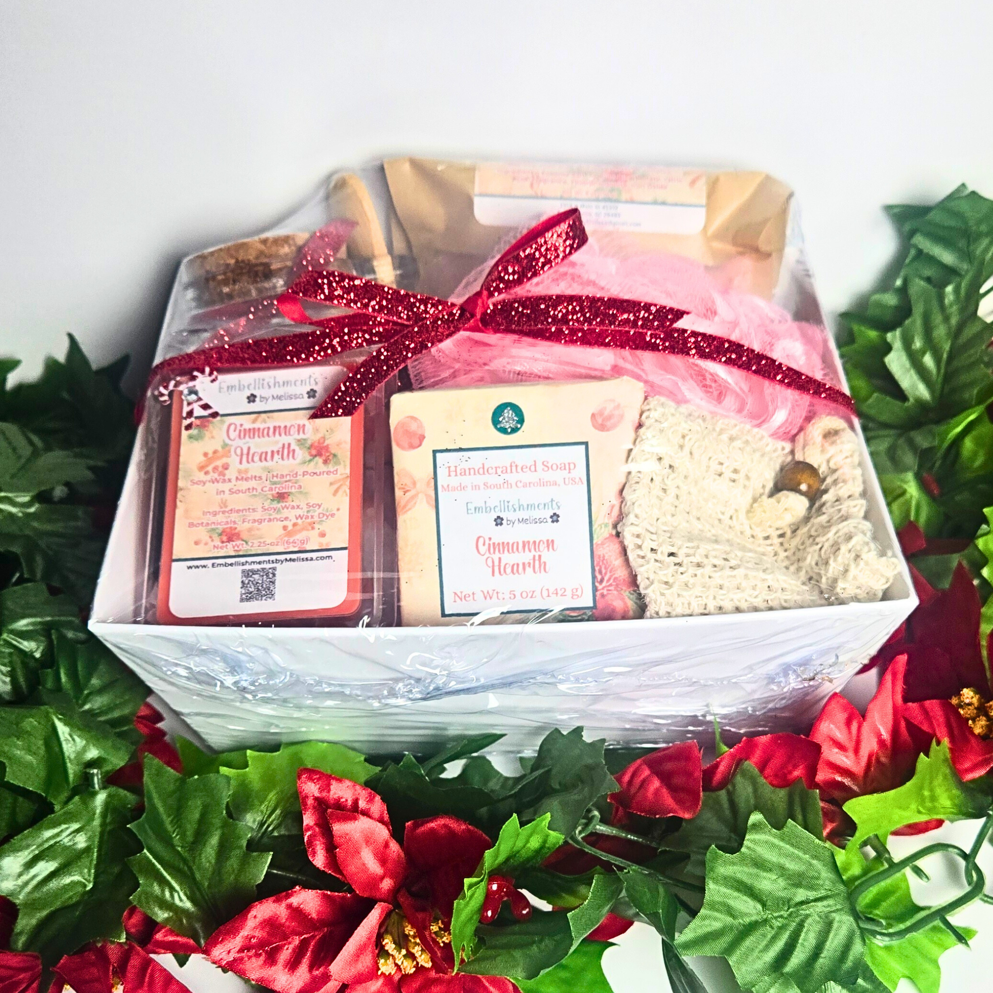 Cinnamon Hearth Gift Basket – Handcrafted Soap, Bath Salts, Sugar Scrub & Wax Melts Set