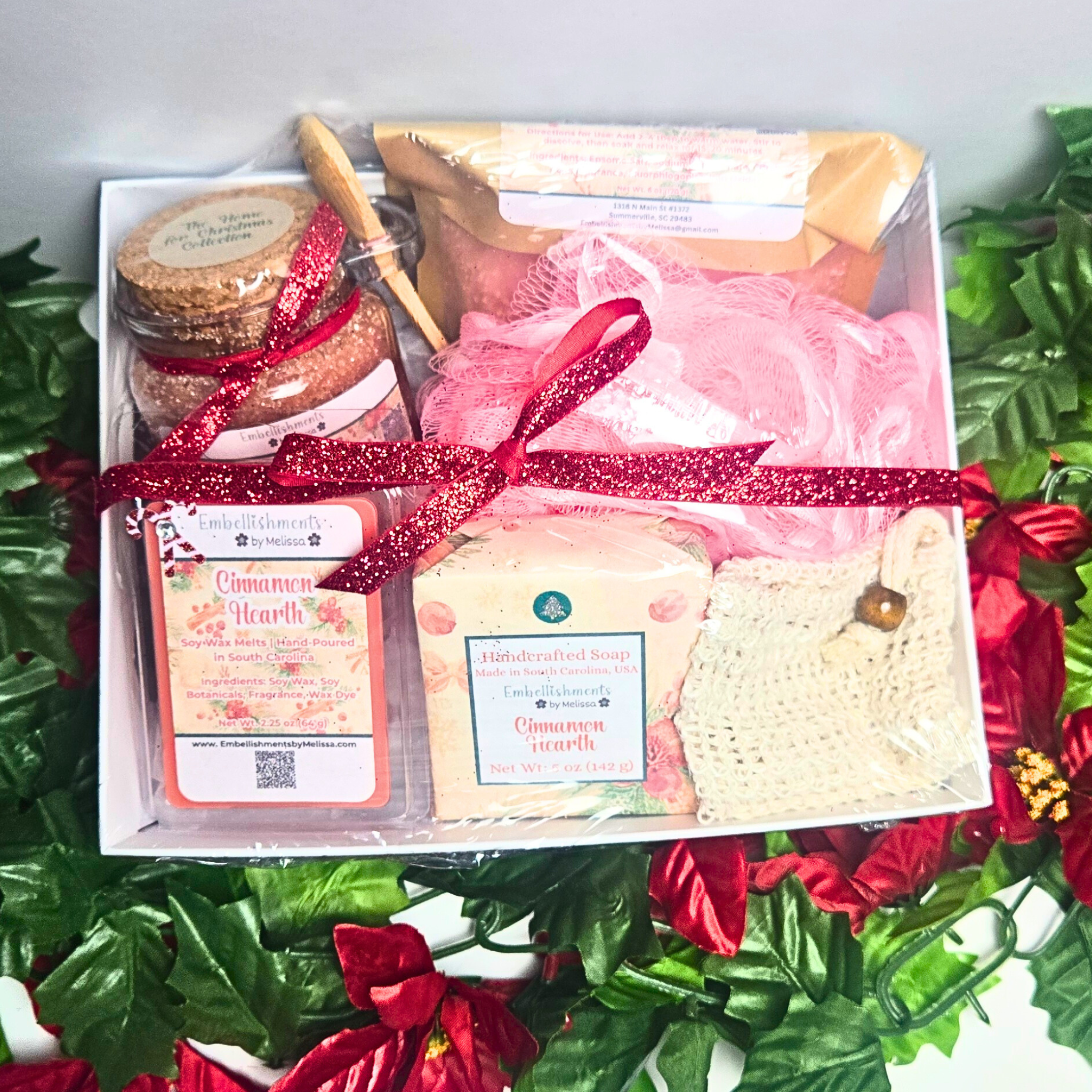 Cinnamon Hearth Gift Basket – Handcrafted Soap, Bath Salts, Sugar Scrub & Wax Melts Set