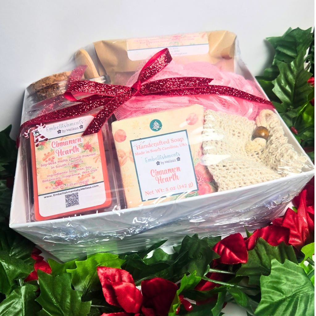 Cinnamon Hearth Gift Basket – Handcrafted Soap, Bath Salts, Sugar Scrub & Wax Melts Set