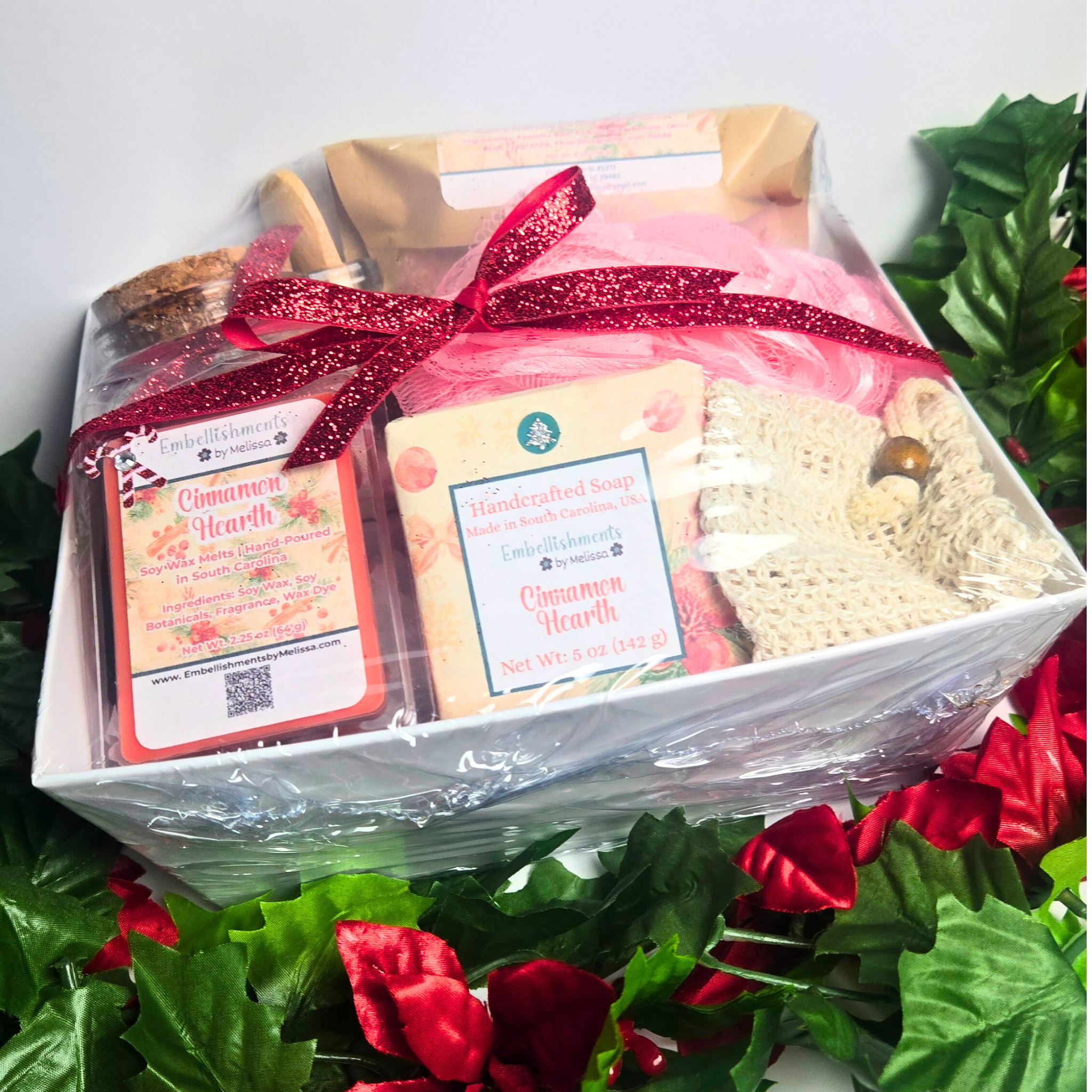 Cinnamon Hearth Gift Basket – Handcrafted Soap, Bath Salts, Sugar Scrub & Wax Melts Set