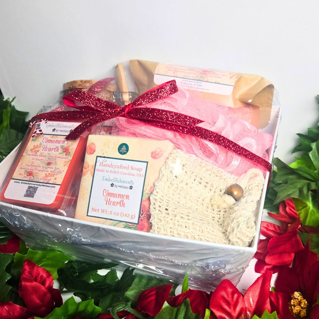 Cinnamon Hearth Gift Basket – Handcrafted Soap, Bath Salts, Sugar Scrub & Wax Melts Set
