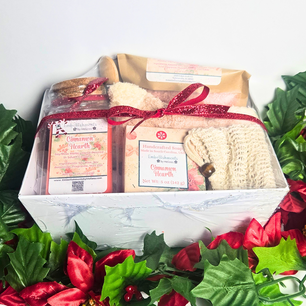 Cinnamon Hearth Gift Basket – Handcrafted Soap, Bath Salts, Sugar Scrub & Wax Melts Set