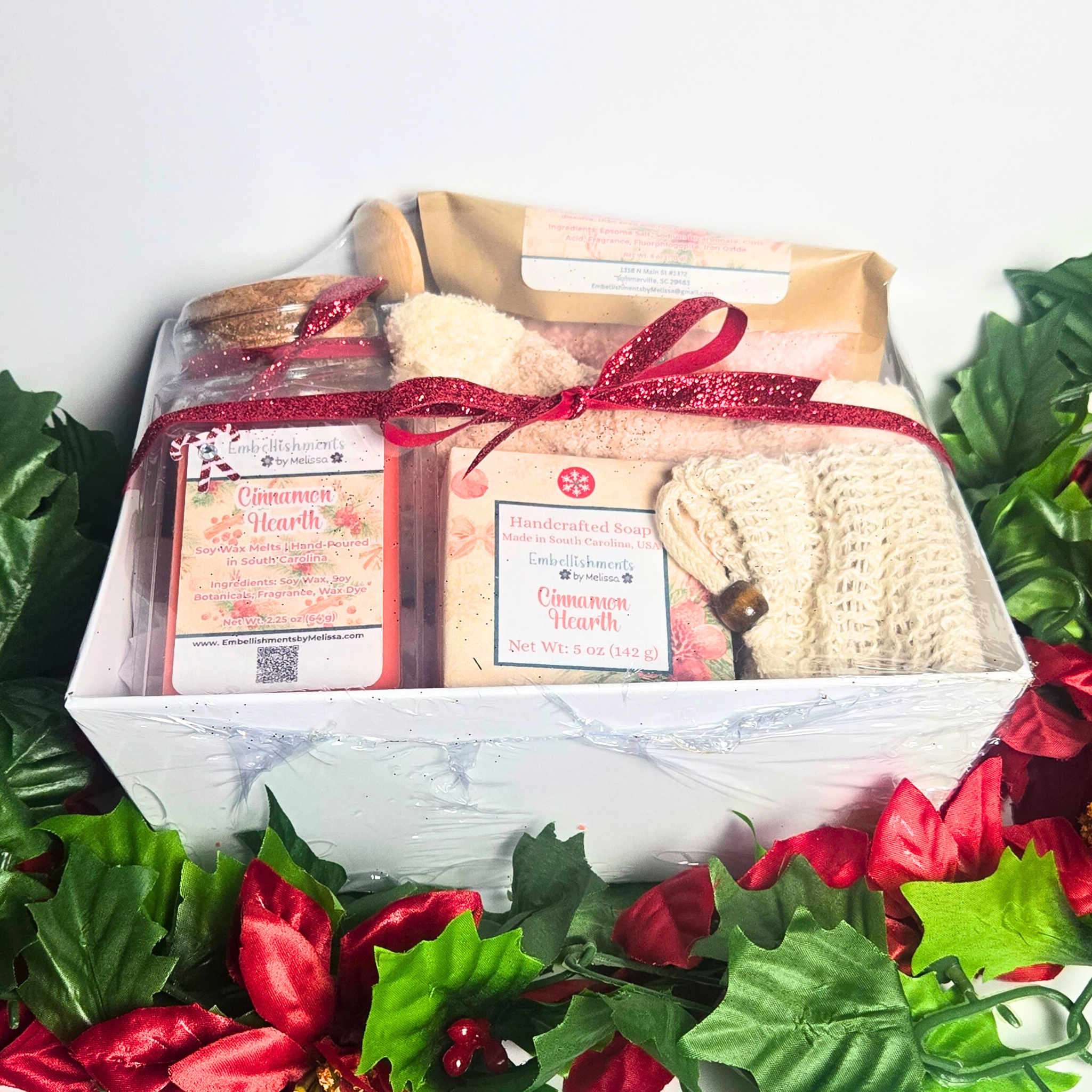 Cinnamon Hearth Gift Basket – Handcrafted Soap, Bath Salts, Sugar Scrub & Wax Melts Set