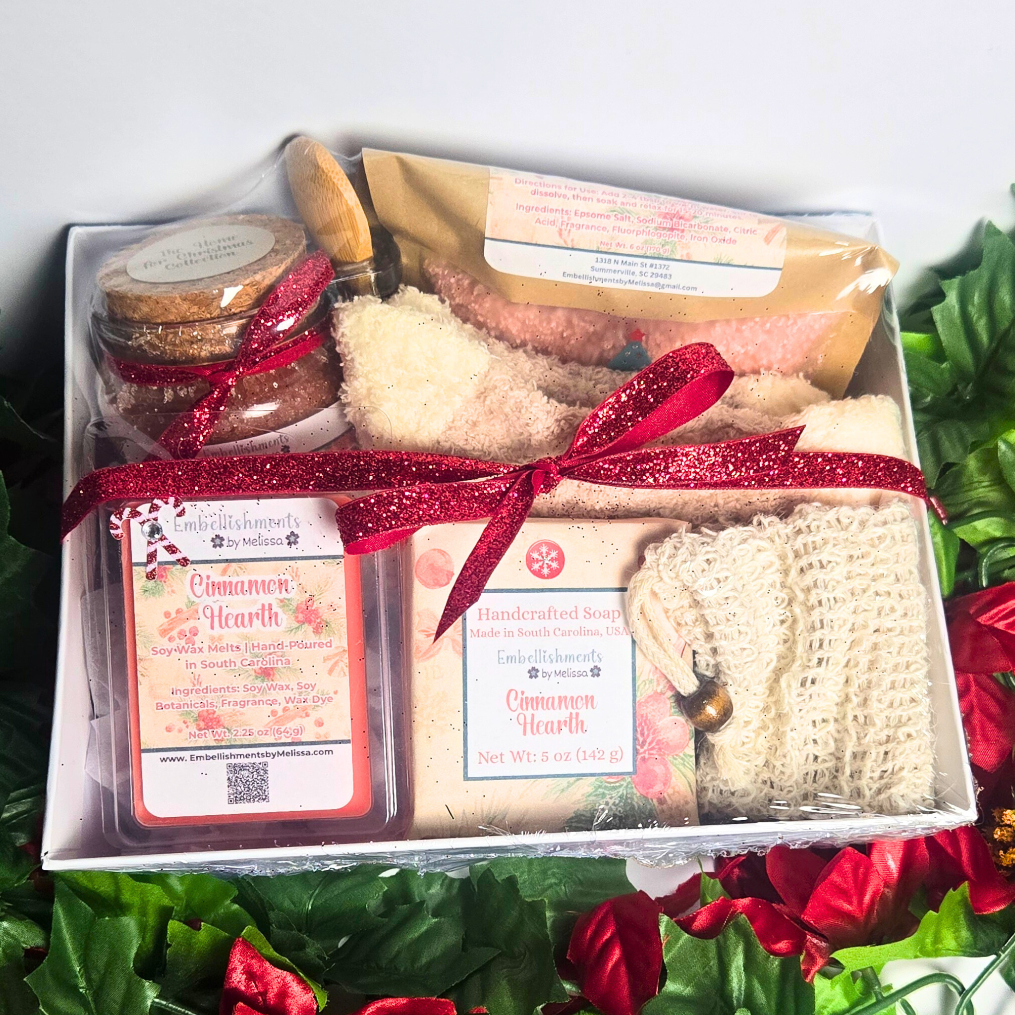 Cinnamon Hearth Gift Basket – Handcrafted Soap, Bath Salts, Sugar Scrub & Wax Melts Set
