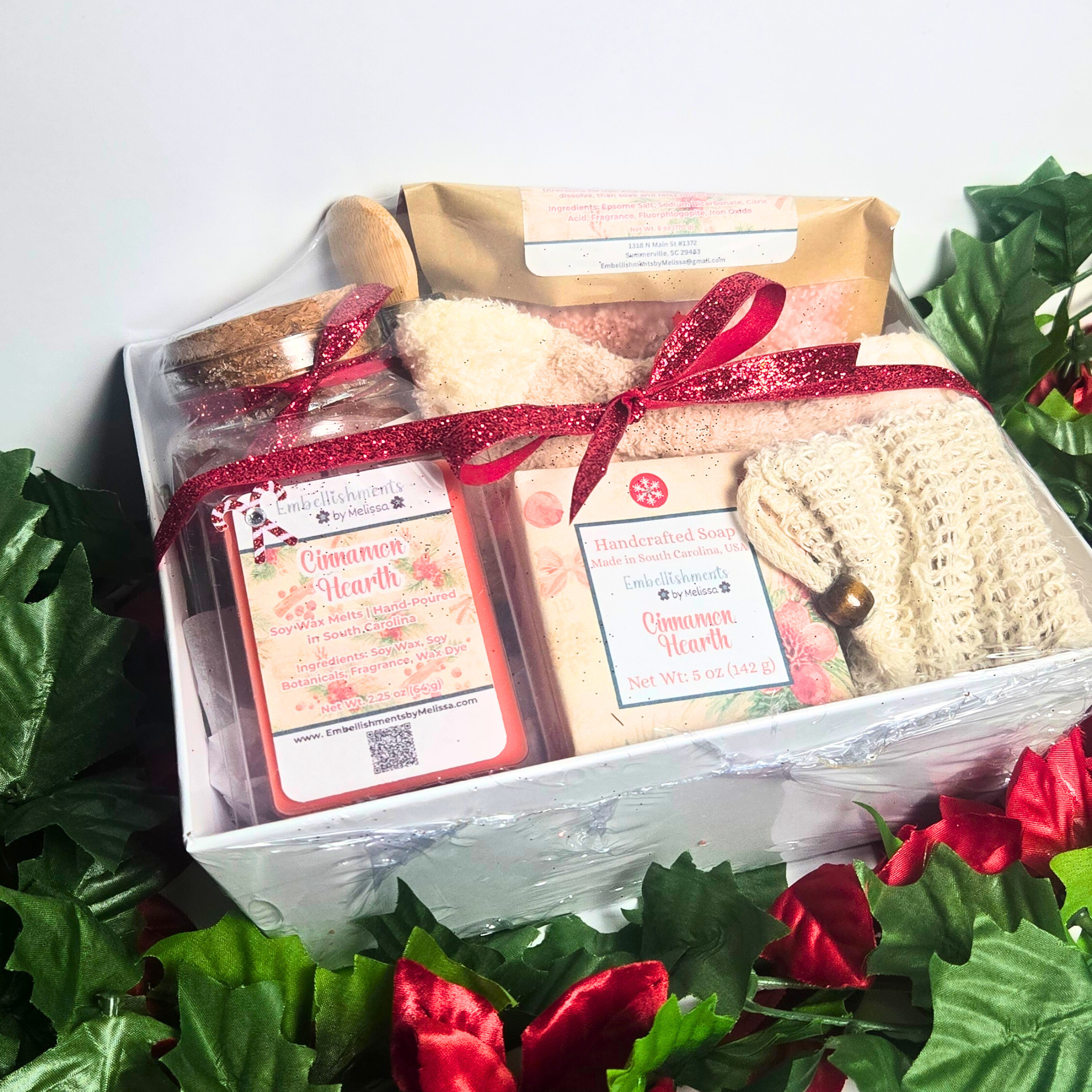 Cinnamon Hearth Gift Basket – Handcrafted Soap, Bath Salts, Sugar Scrub & Wax Melts Set