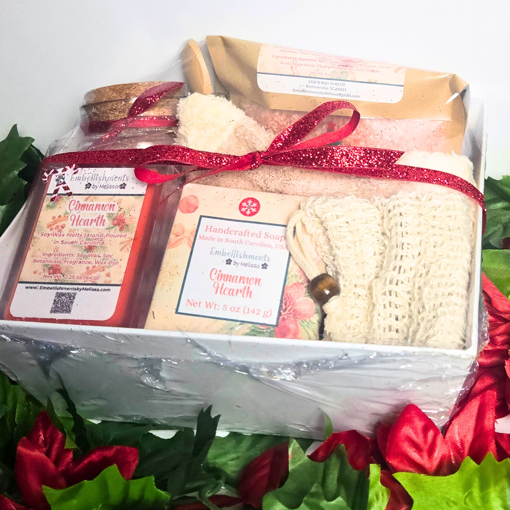 Cinnamon Hearth Gift Basket – Handcrafted Soap, Bath Salts, Sugar Scrub & Wax Melts Set