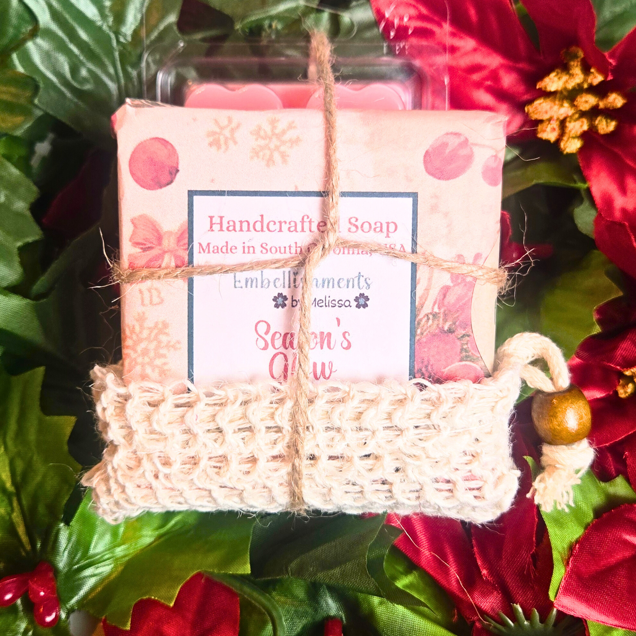 Christmas Gift Set – Handcrafted Soap, Soap Saver Bag & Heart-Shaped Wax Melts (5 Scents Available)