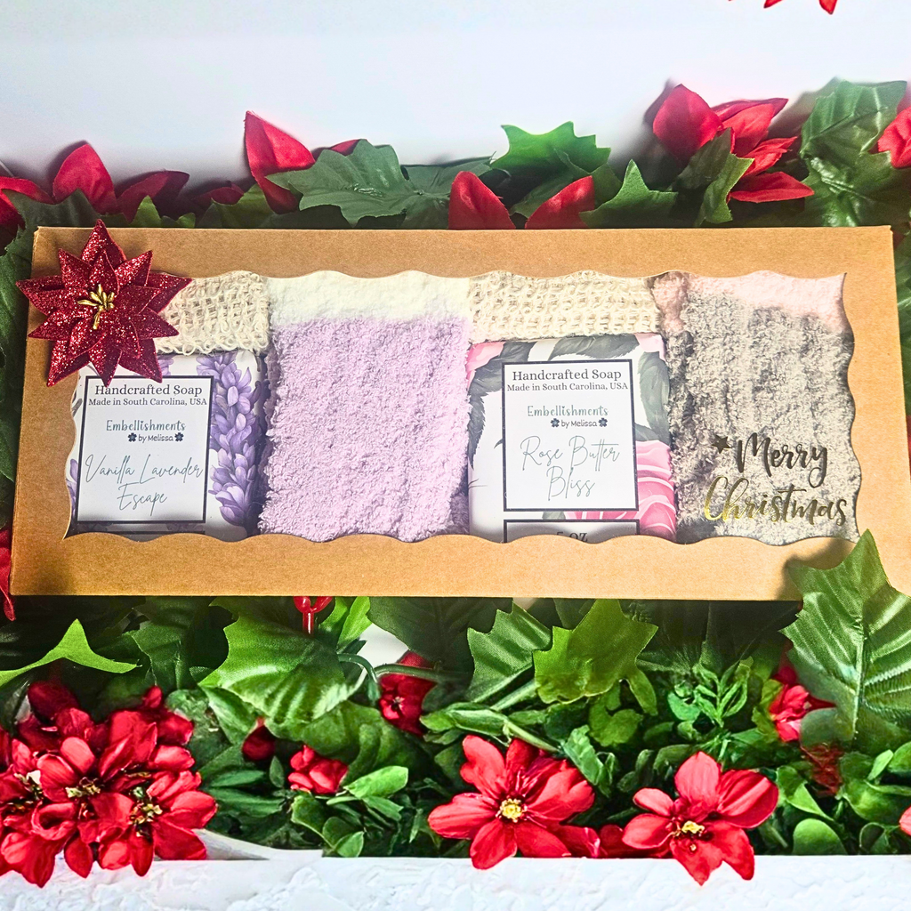 Handcrafted Goat Milk Essential Oil Soap Gift Set with Soap Saver Bag & Fuzzy Socks | Vanilla Lavender Escape & Rose Butter Bliss 5 oz (142 g)