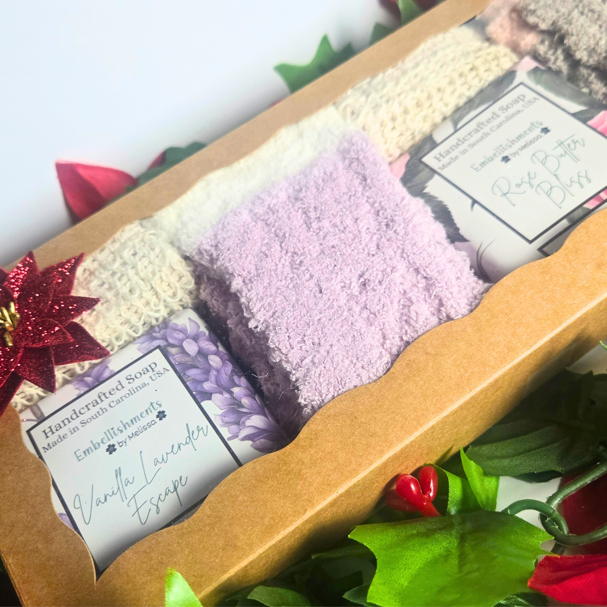 Handcrafted Goat Milk Essential Oil Soap Gift Set with Soap Saver Bag & Fuzzy Socks | Vanilla Lavender Escape & Rose Butter Bliss 5 oz (142 g)