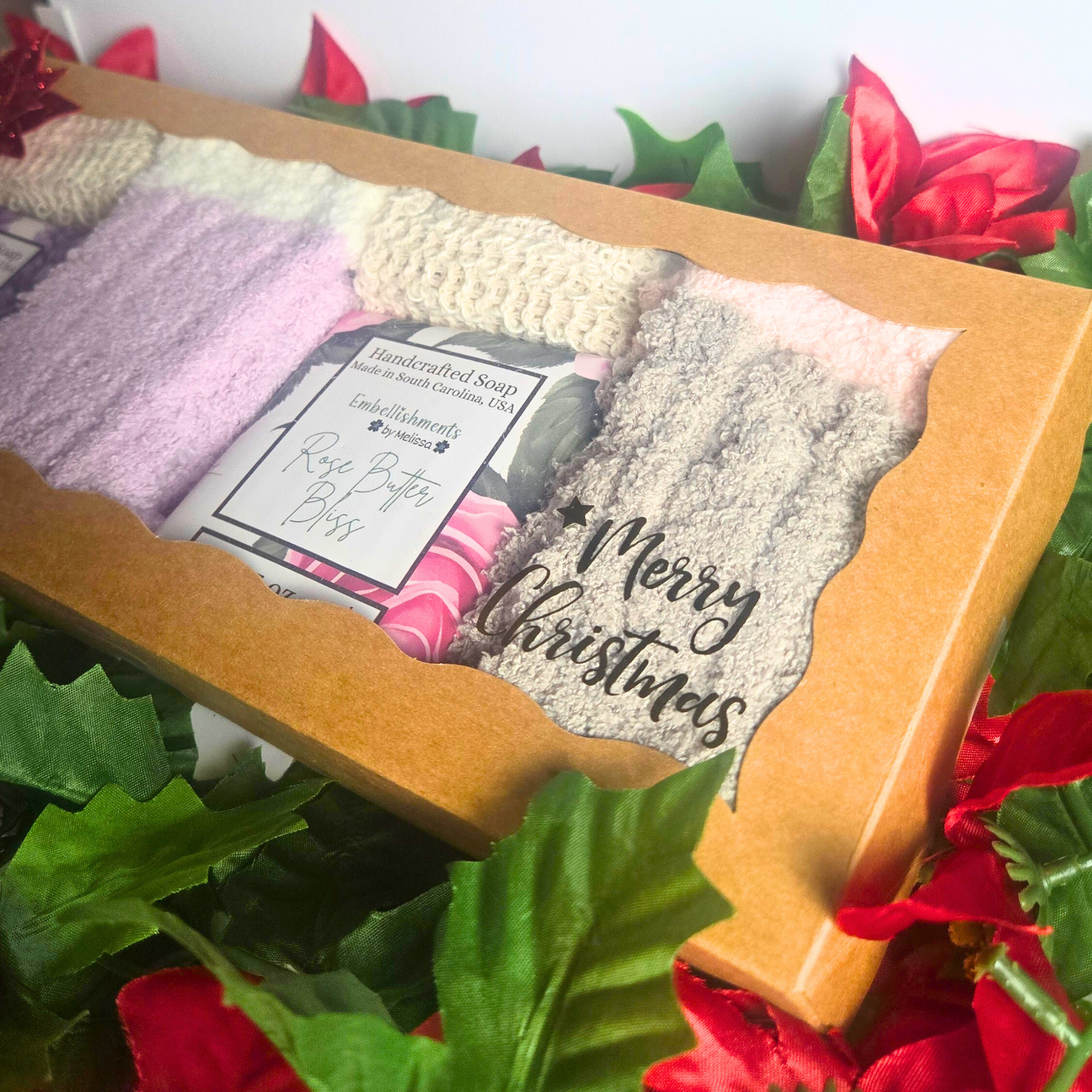 Handcrafted Goat Milk Essential Oil Soap Gift Set with Soap Saver Bag & Fuzzy Socks | Vanilla Lavender Escape & Rose Butter Bliss 5 oz (142 g)