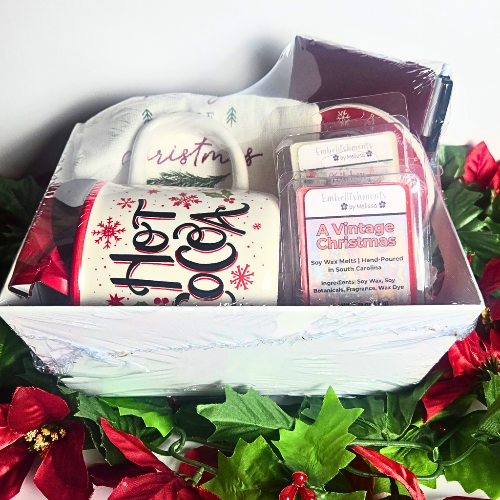 Festive Christmas Gift Basket | Hot Cocoa, Dish Towel, Wax Melts, Notebook & Pen