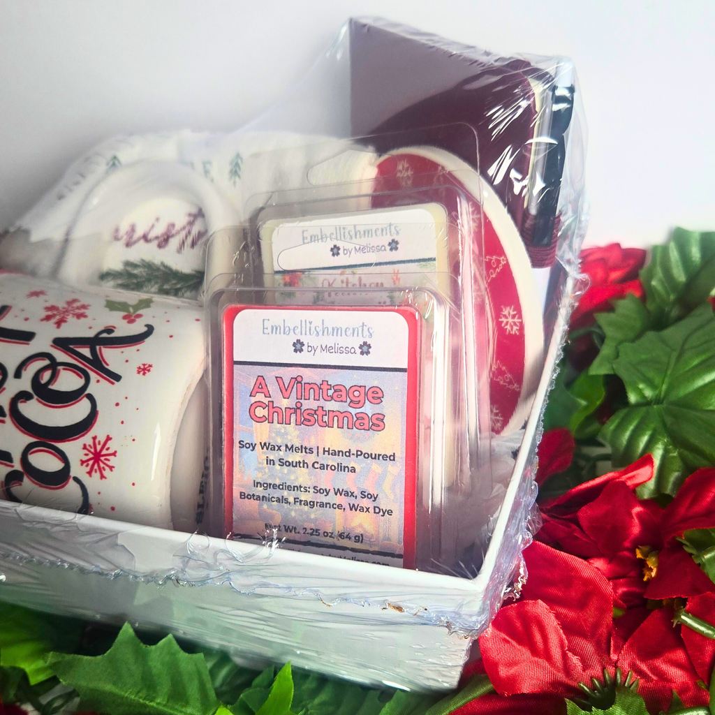 Festive Christmas Gift Basket | Hot Cocoa, Dish Towel, Wax Melts, Notebook & Pen