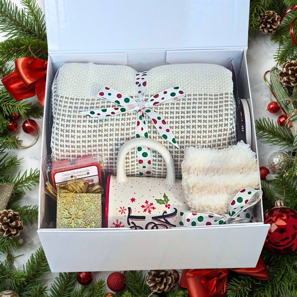 Christmas Gift Box with Throw, Mug, Hot Cocoa, Coaster, Wax Melts & Gold Ornament