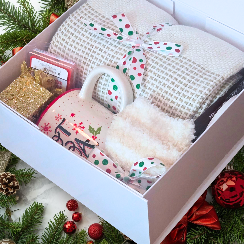 Christmas Gift Box with Throw, Mug, Hot Cocoa, Coaster, Wax Melts & Gold Ornament