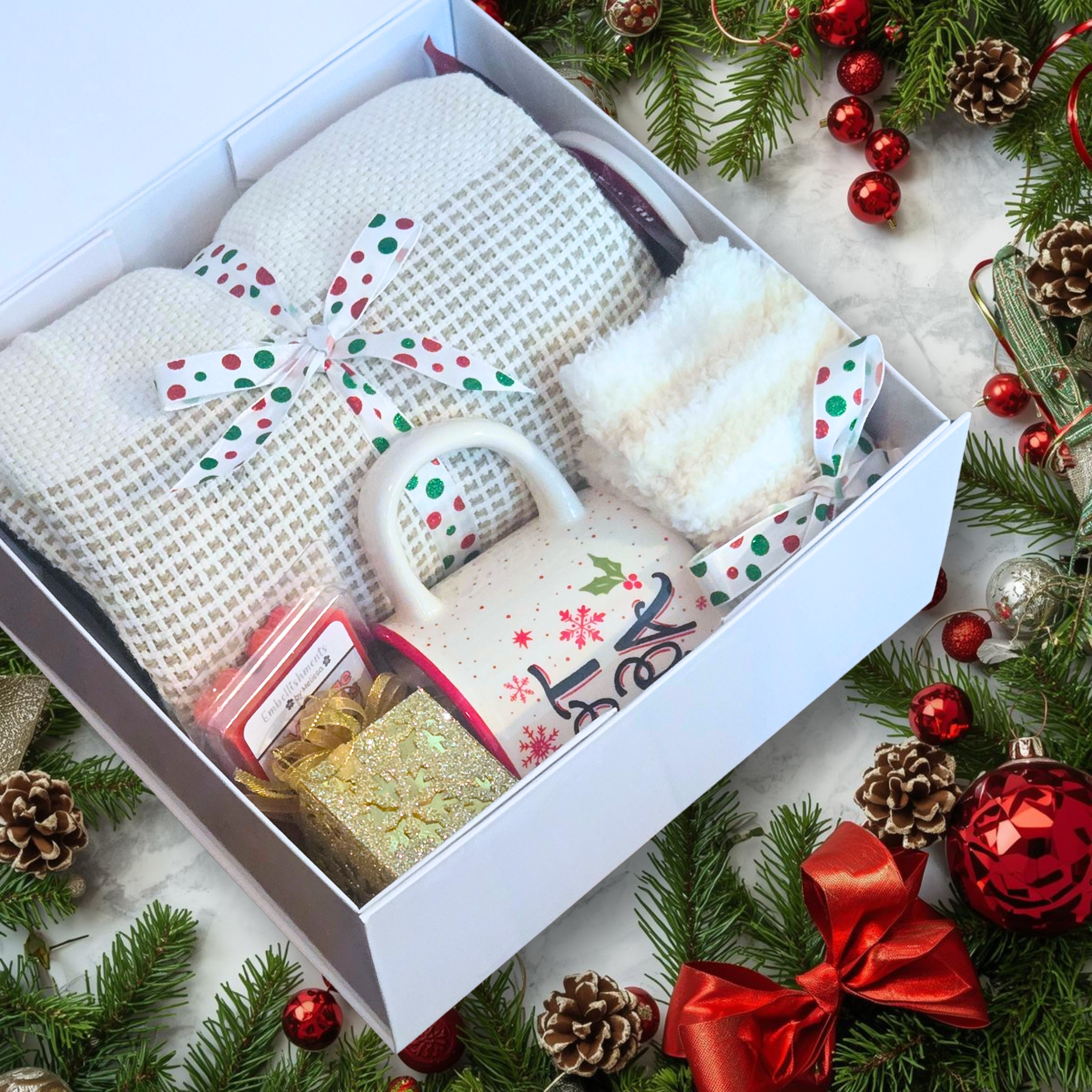 Christmas Gift Box with Throw, Mug, Hot Cocoa, Coaster, Wax Melts & Gold Ornament
