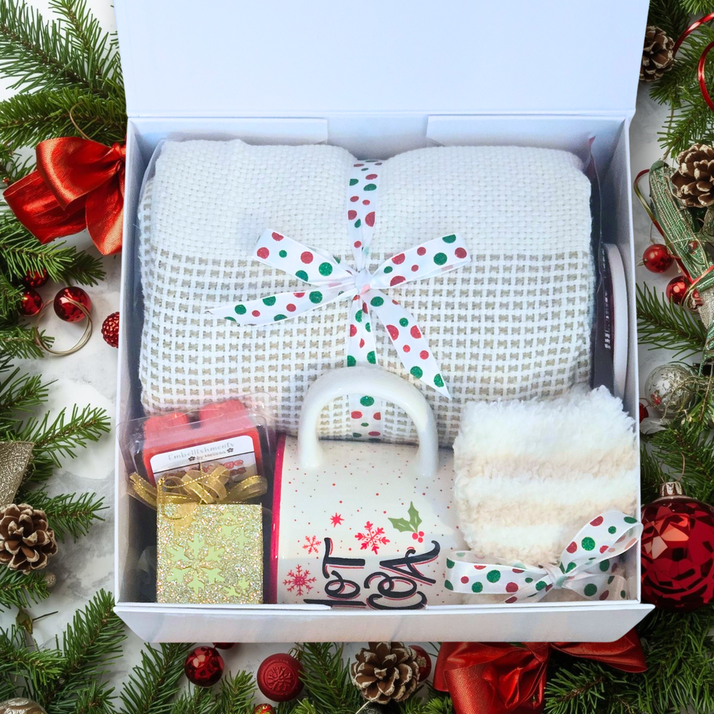 Christmas Gift Box with Throw, Mug, Hot Cocoa, Coaster, Wax Melts & Gold Ornament