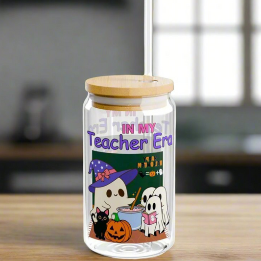 In my teacher era Halloween sipper glass, front view.