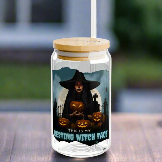 Resting witch face Halloween sipper glass, front view.