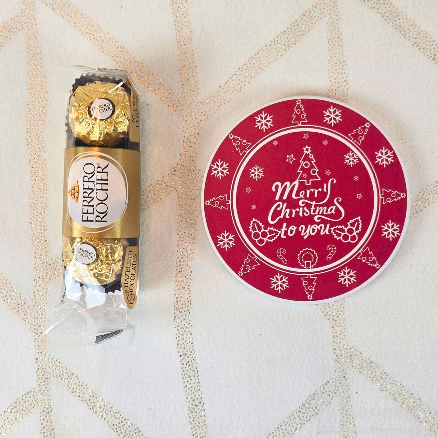 Ferrero Rocher and stylish coaster for gift box, top view.