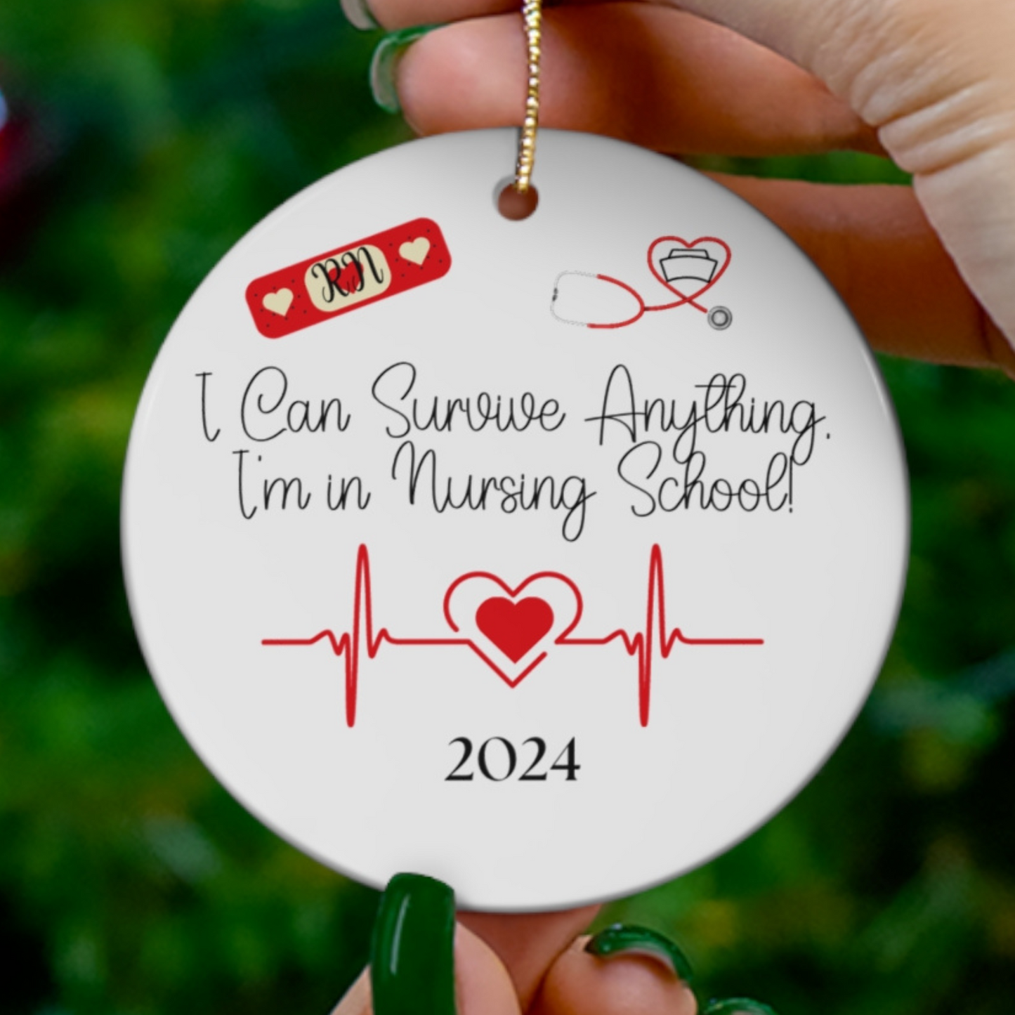 Round Nursing School Christmas ornament featuring a festive design for future nurses, perfect for holiday decorating or as a thoughtful gift