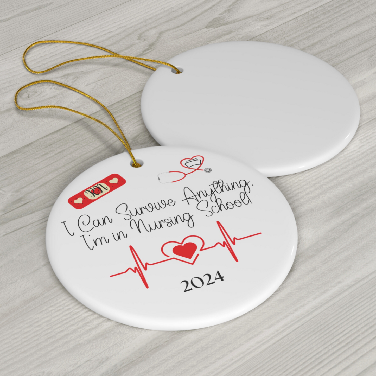 Holiday ornament for nursing students, showcasing a round design that celebrates their dedication and hard work.