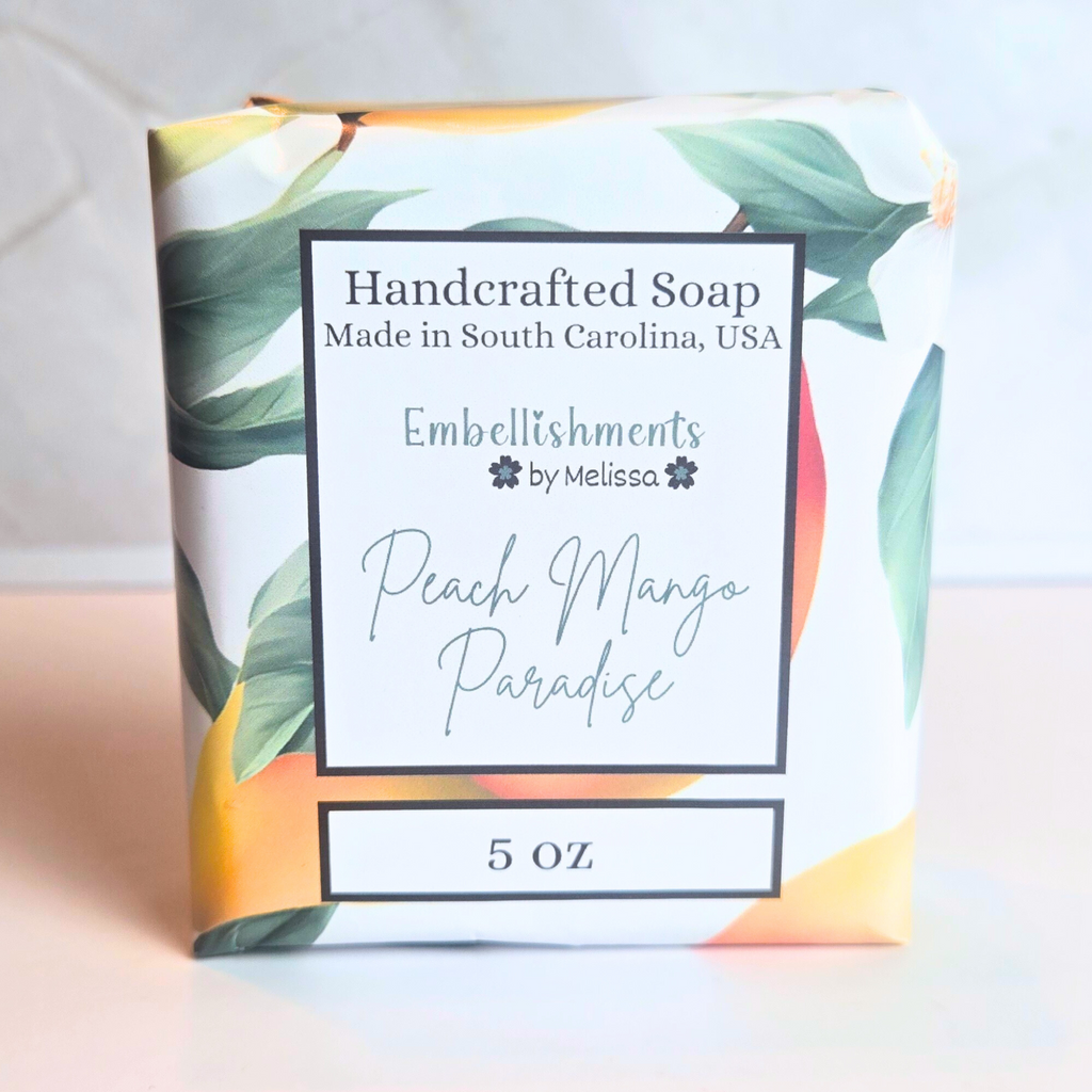 Fruity peach mango soap with rich lather and sweet peach mango aroma, front view.