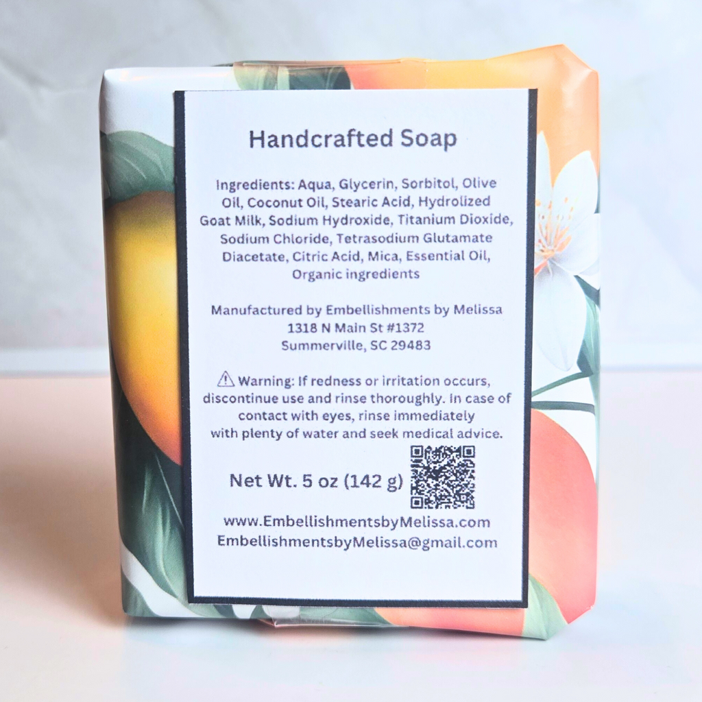 Tropical fruit inspired bar with mango and peach notes, back view.