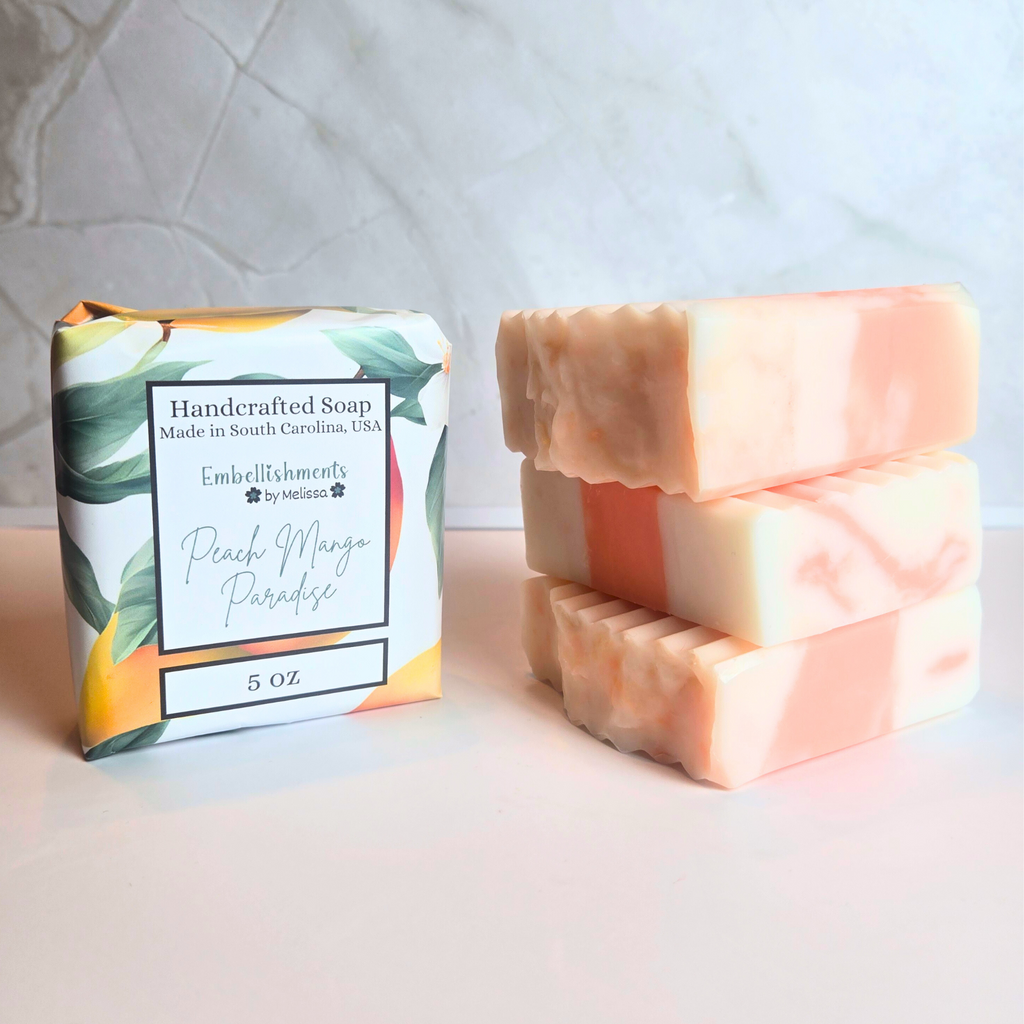 Handcrafted soap bar with juicy peach and mango fragrance, front view.