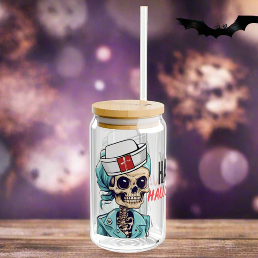 Halloween nurse sipper glass, side view.