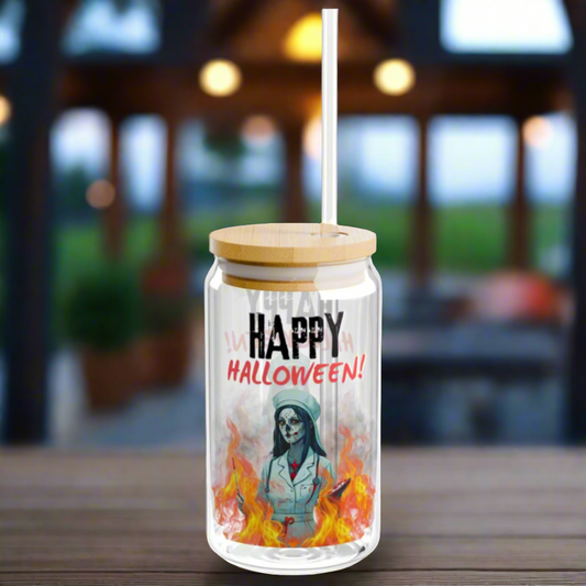 Spooky nurse sipper glass, font view.