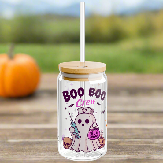 Boo Boo Crew ghost nurse sipper glass, front view.