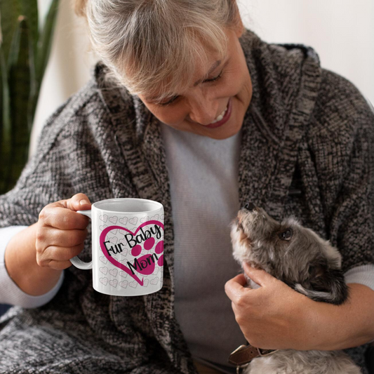 Fur baby mom coffee mug with pink heart and paw print 11 oz, back view.