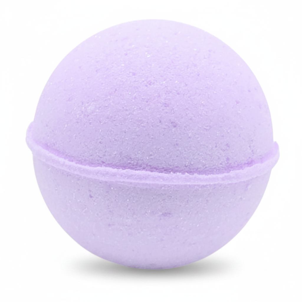 A single lavender purple bath bomb with a textured, porous surface, isolated on a white background.