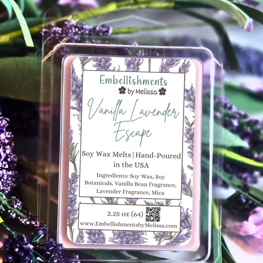 Vanilla Lavender Escape soy wax melts packaging with label on a background of lavender flowers.